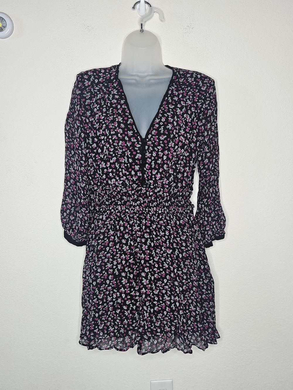 The Kooples Black Pink Floral Smocked Waist Mini Dress Size Medium Ditsy Floral